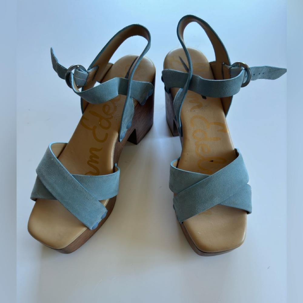 New! SAM EDELMAN Women's Josefine Platform Heeled Sandal Sky Blue